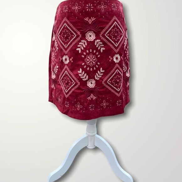 Miami, Embroidered & Lined Faux Suede Bohemian Mini Skirt, Burgundy & Multi, Med - Picture 1 of 9